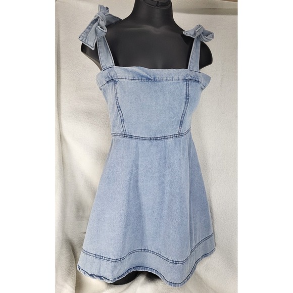 Vintage 90s Patchwork Denim Mini Dress Size Small Halter Blue Jean Y2k Coquette - Picture 3 of 9